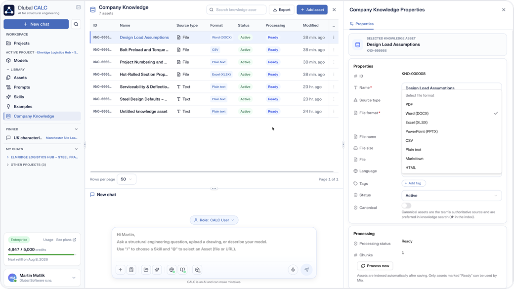 Interface screenshot showcasing document formats supported by AI product for efficient data handling.